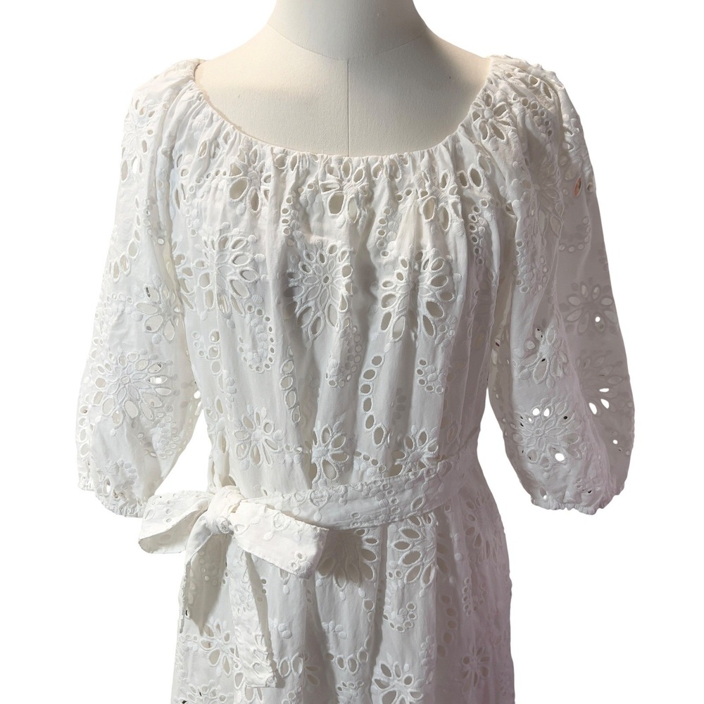 BOSS Dolara Crisp White Cotton Floral Eyelet Belt Midi Dress Slip Lining Size 0 - Picture 10 of 13
